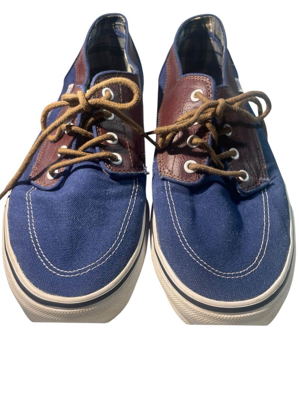 Vans Brigata Navy Blue Canvas Brown Leather-Trim Boat Shoes Men's Size 12 EUC - Picture 2 of 11